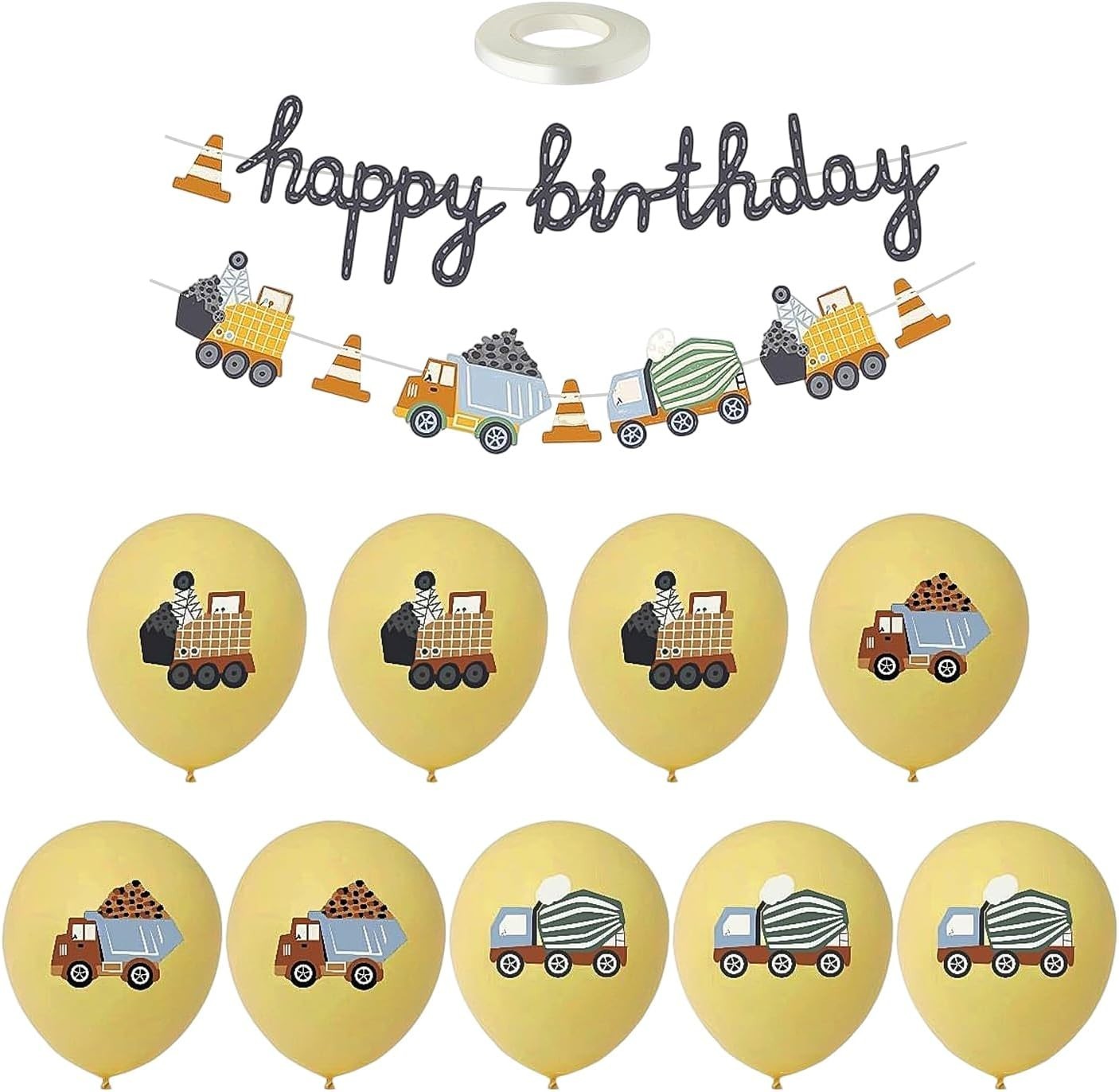 1pc Construction Vehicle Birthday Pull Flag 9pcs Balloons Ribbon 20x15cm New