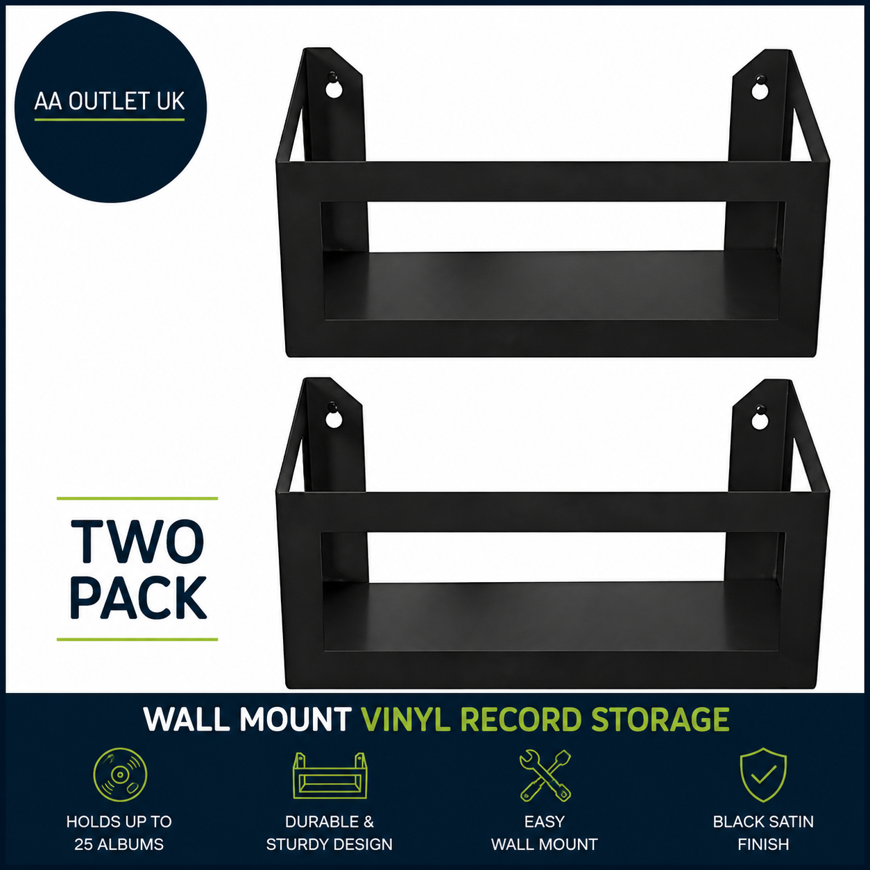 Hudson HiFi Wall Mount Vinyl Record Storage 25 Album Display Holder Black Satin