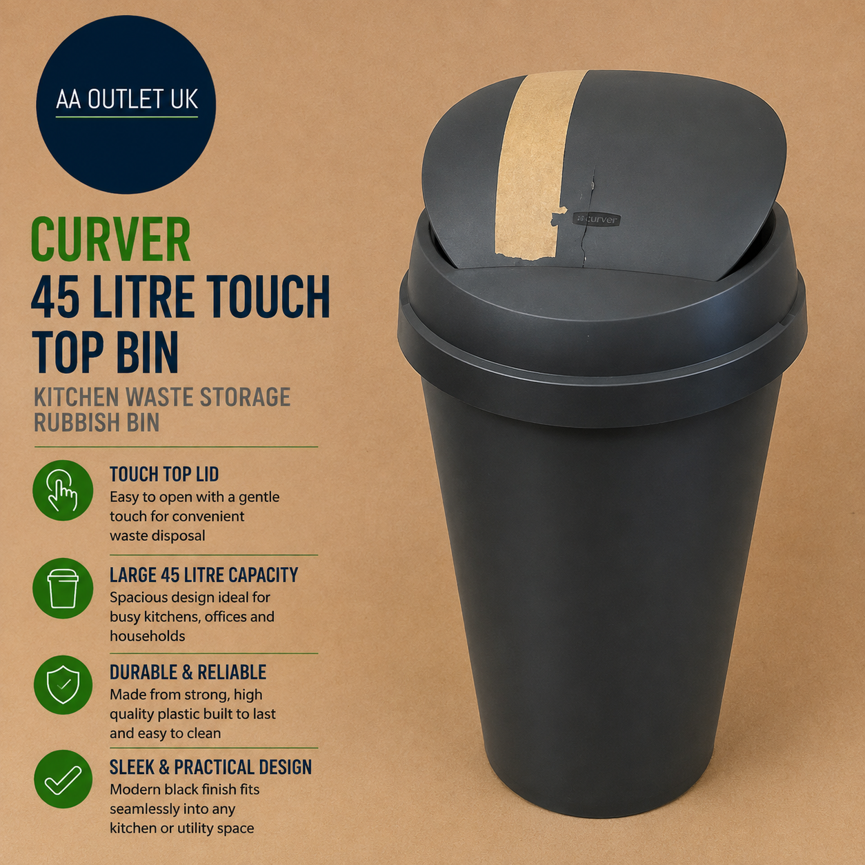 Curver Black 45 Litre Touch Top Bin Kitchen Waste Storage Rubbish Design