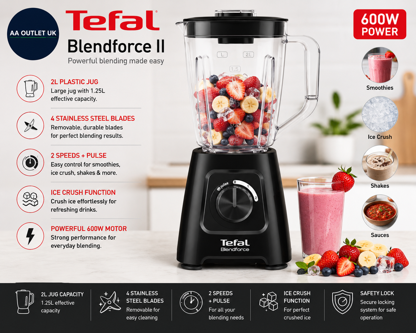 Tefal Blendforce II Blender 2L Plastic 600W Smoothie 2 Speeds BL420840 Black