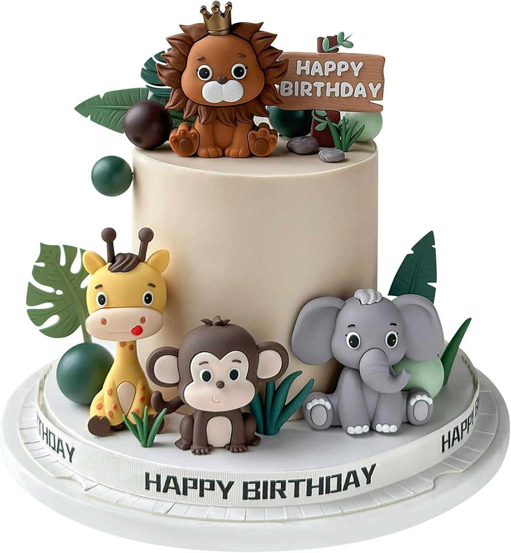 19pcs Safari Animal Jungle Wild Cake Toppers Leaves Balls 6.1x1.97in New