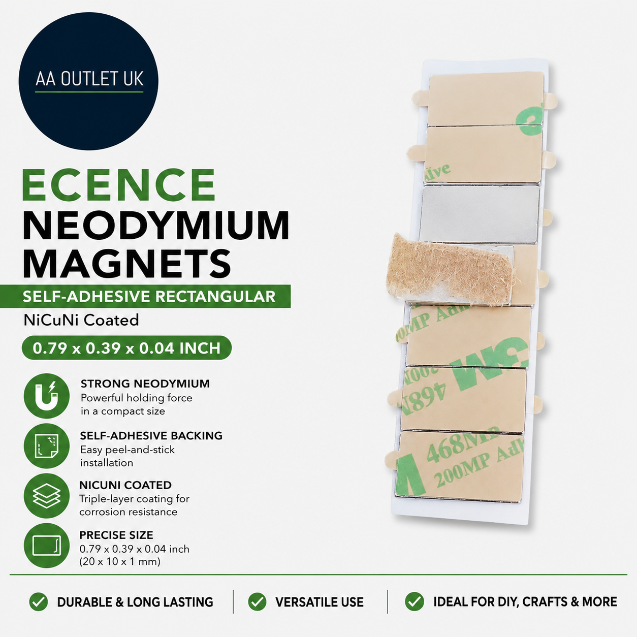 Ecence Neodymium Magnet Self Adhesive Rectangular NiCuNi Coated 0.79x0.39x0.04in