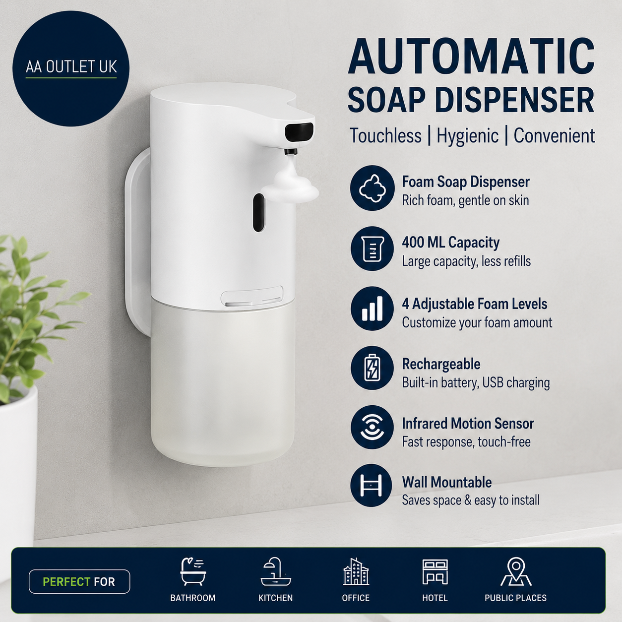 Automatic Soap Dispenser 400ML Rechargeable Non Touch Foam Soap Dispenser White