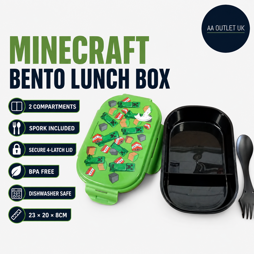 Minecraft Bento Lunch Box With Spork Kids 2 Compartment Lunchbox Secure 8x20x8cm