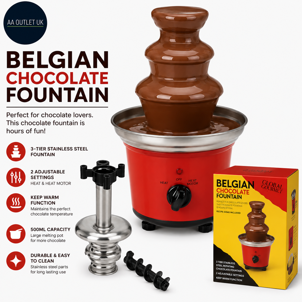 Global Gourmet Belgian Chocolate Fountain Fondue Large 500ml 3 Tier Adjustable