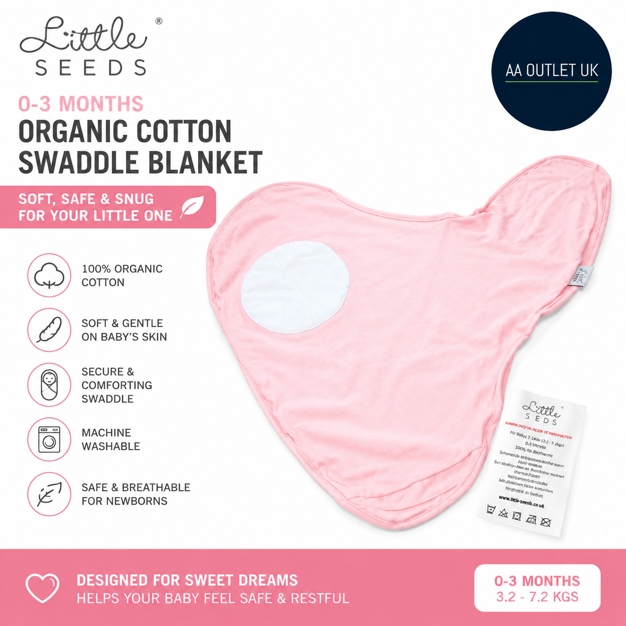 Little Seeds Swaddle Blanket 0-3 Months Organic Cotton Baby Swaddle Newborns New
