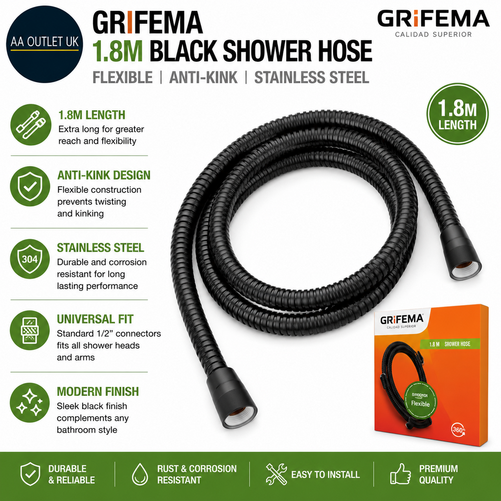 GRIFEMA 1.8m Black Shower Hose Flexible Anti Kink Stainless Steel Bathroom Black