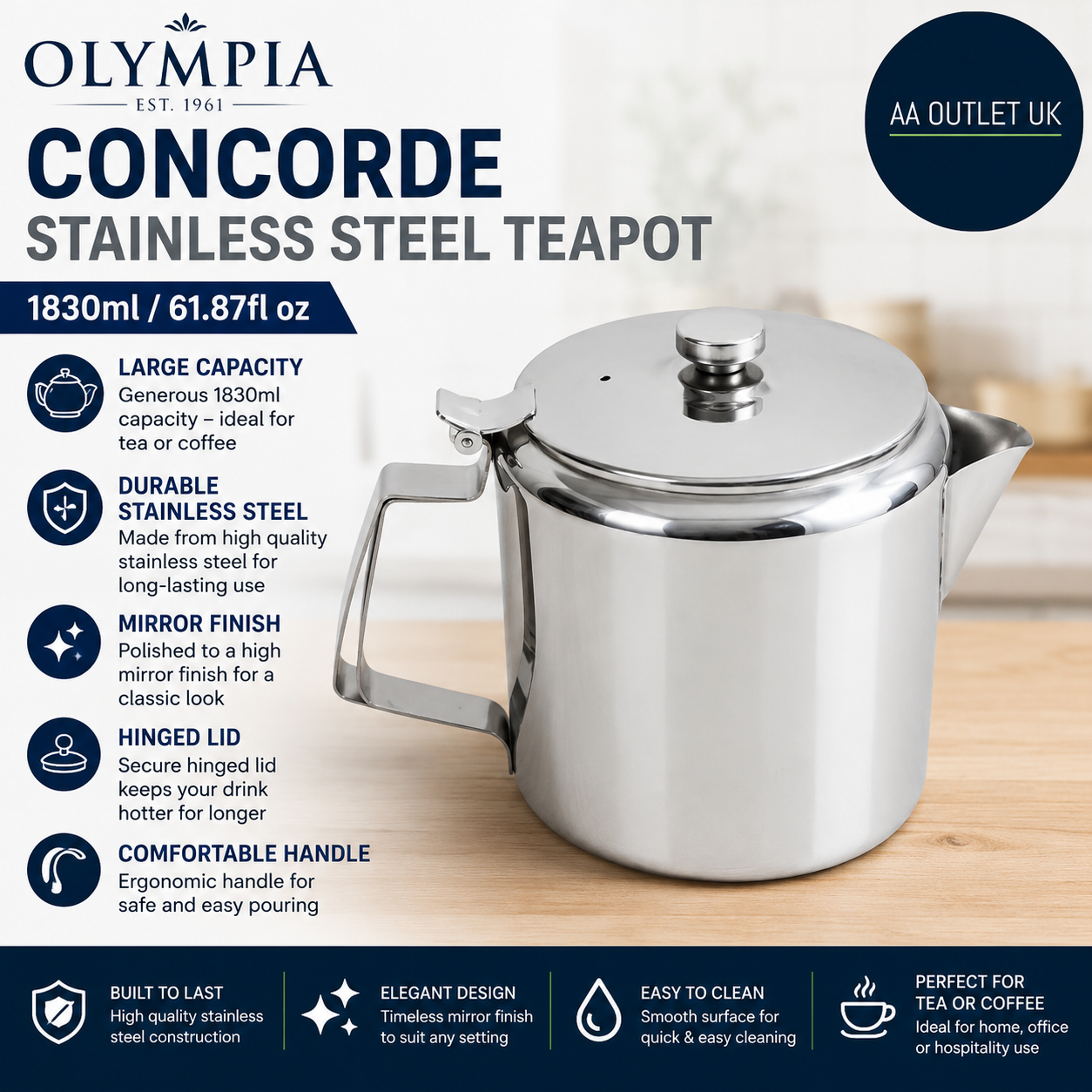 Olympia Concorde Teapot St Mirror Finish 1830ml 61.87fl oz Stainless Steel