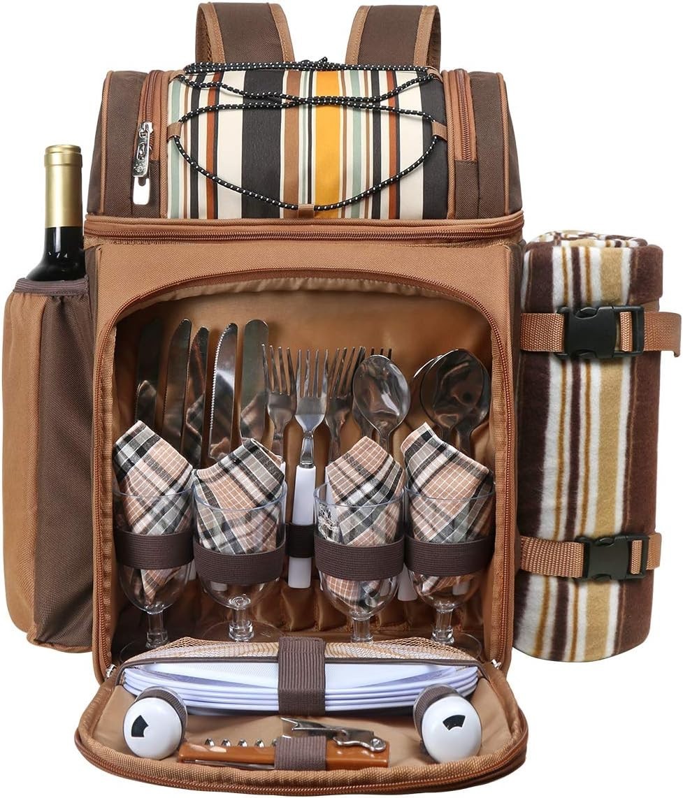 Hap Tim Picnic Basket Backpack 4 Person With Insulated Leakproof Cooler Bag New