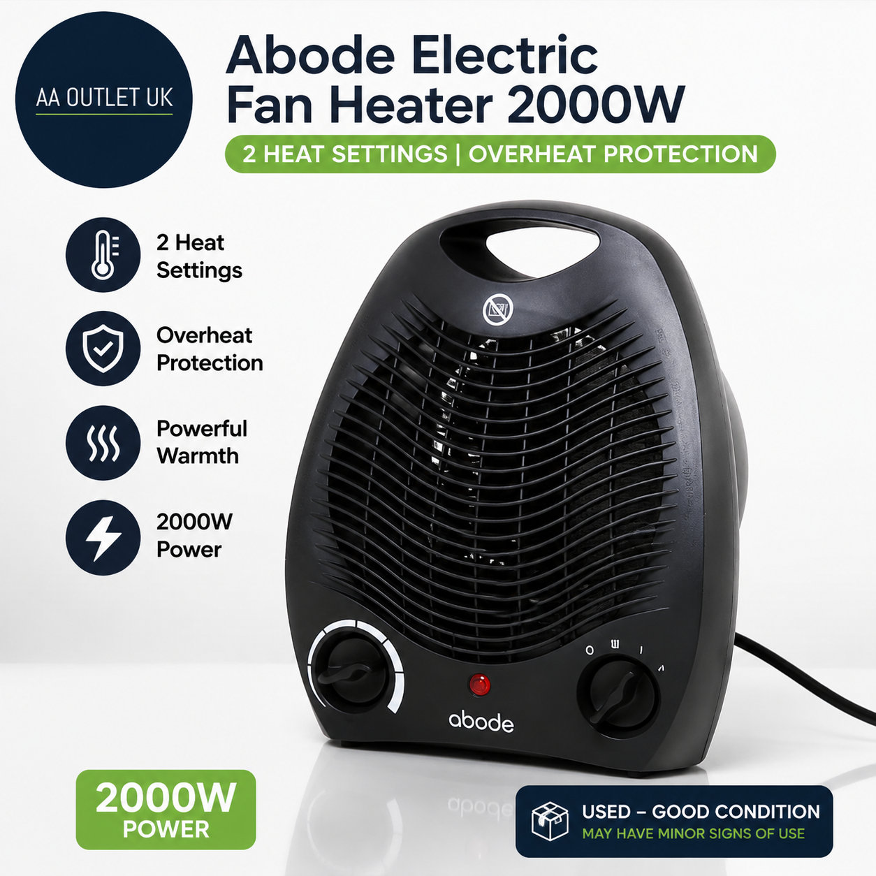 Abode Electric Fan Heater 2000W With 2 Heat Settings Overheat Protection