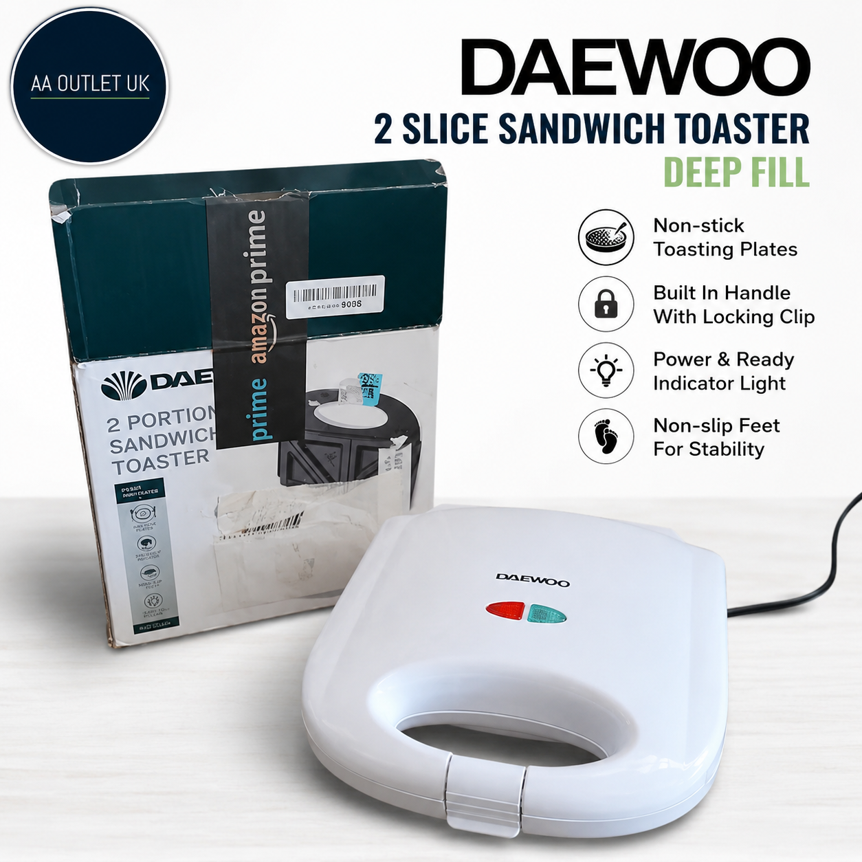 Daewoo Essentials 2 Slice Sandwich Toaster Deep Fill Non stick Toasting Plates