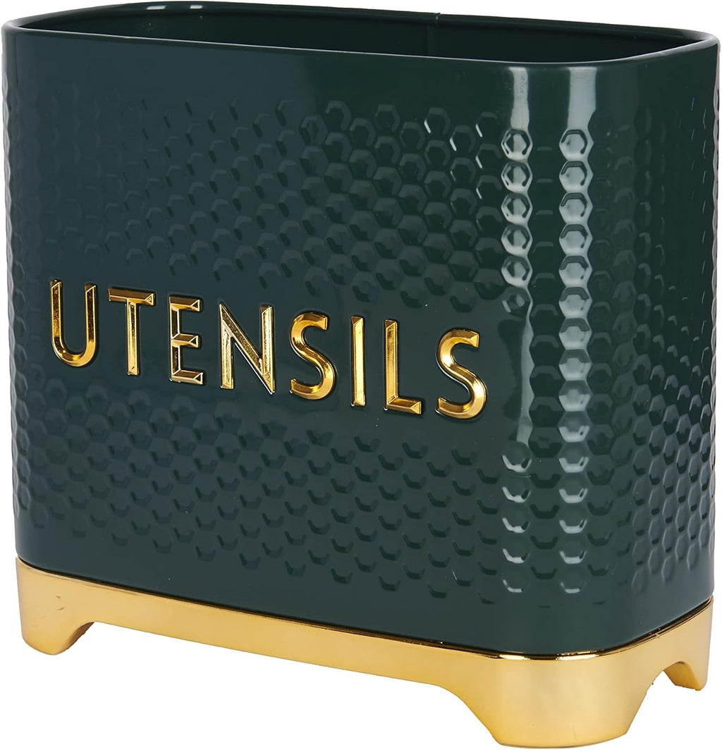 KitchenCraft Lovello Textured Utensil Holder 19x9x18cm Hunter Green Gold New