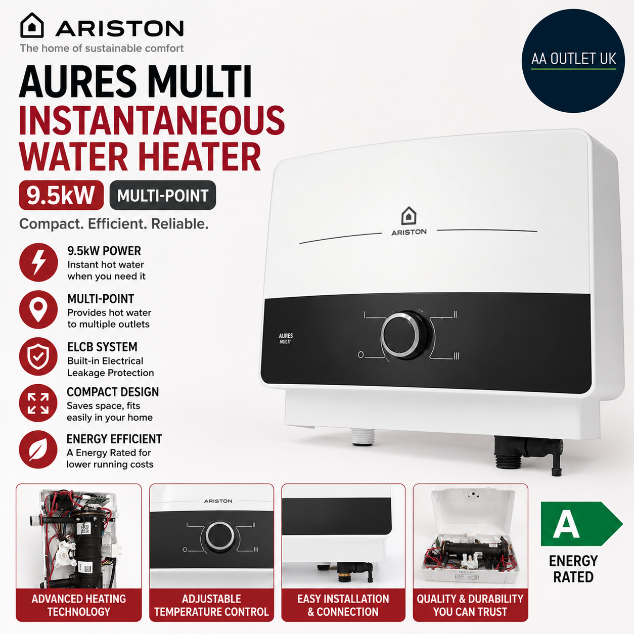 Ariston AURES Multi Electric Instantaneous Water Heater 9.5kW Compact 3195216