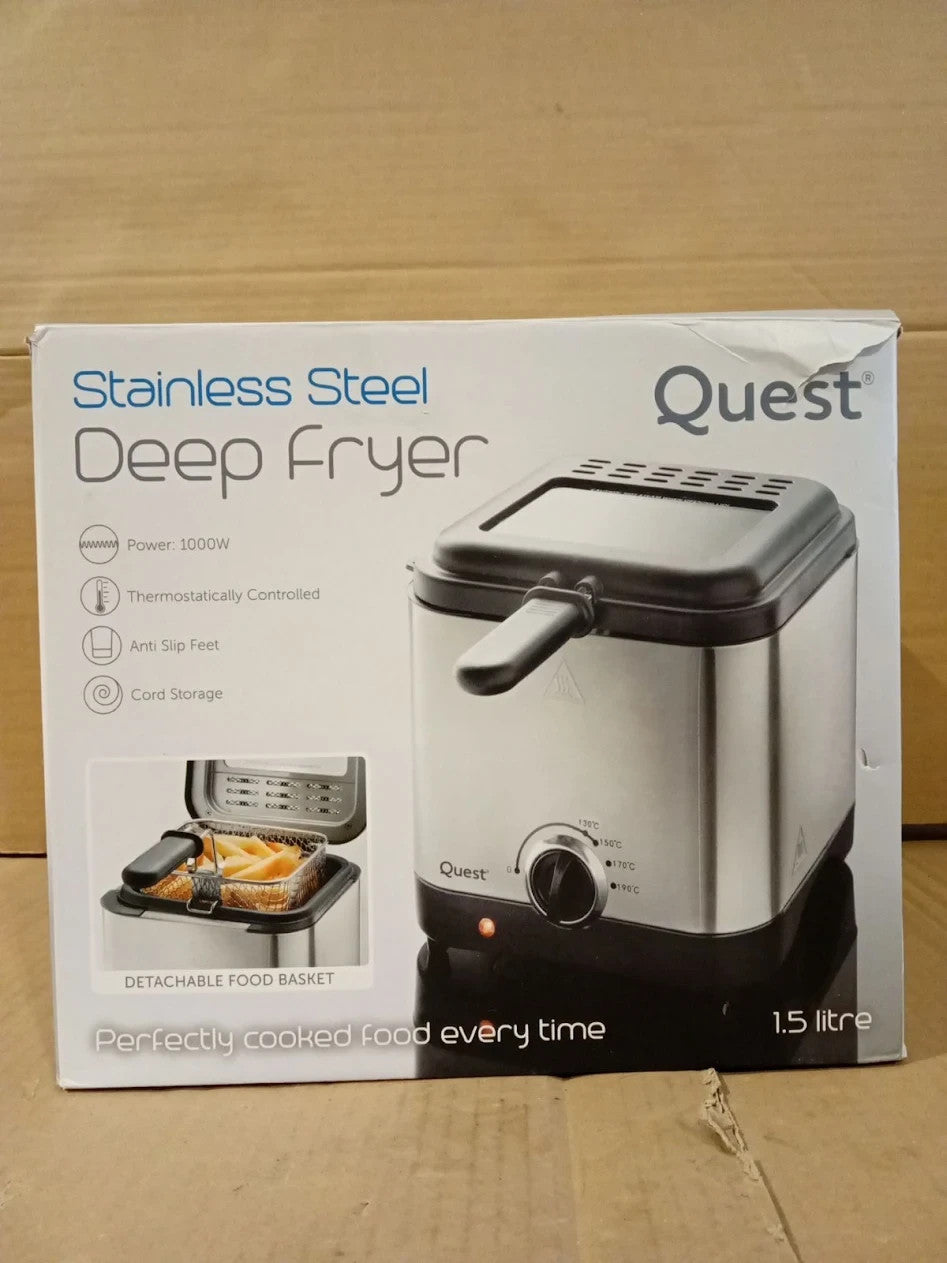 Quest 34250 1.5L Deep Fat Fryer Compact Stainless Steel 900W Secure Lid Cover