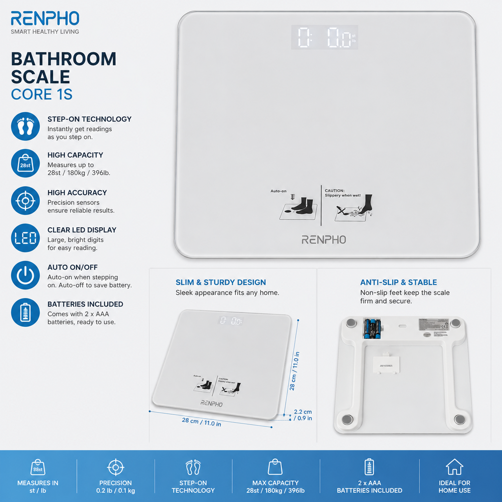 RENPHO Weighing Bathroom Scale Step On Technology 28st LED Display White