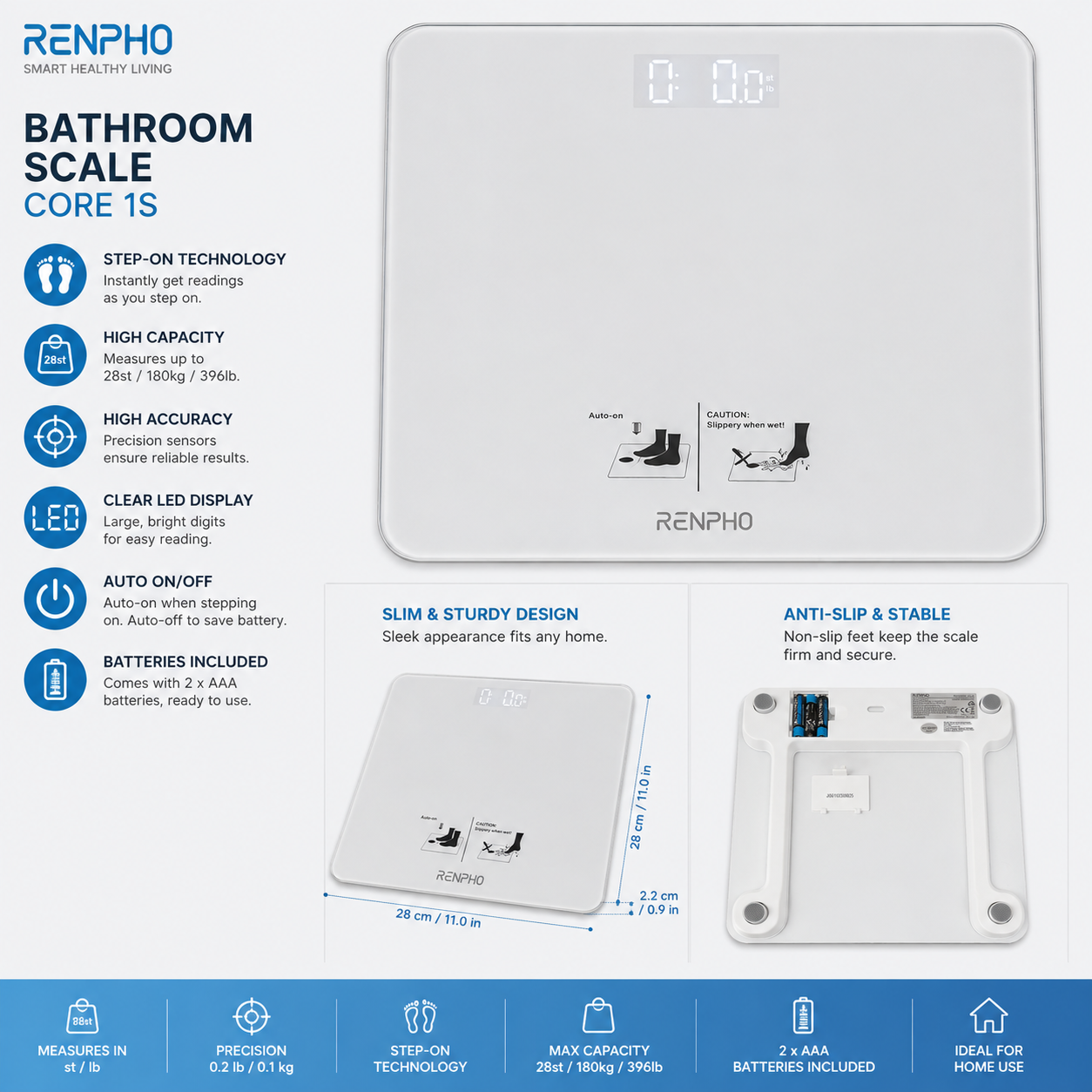 RENPHO Weighing Bathroom Scale Step On Technology 28st LED Display White