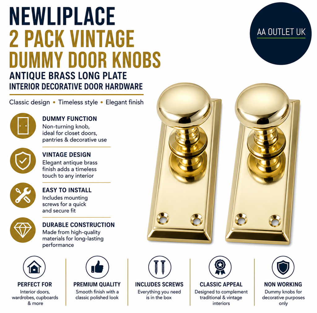 Newliplace 2 Pieces Vintage Dummy Door Knobs Antique Brass Long Plate Interior
