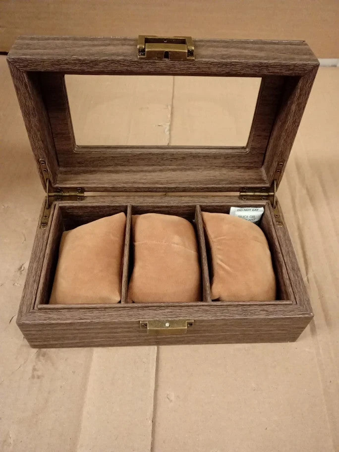 Uten Watch Box 3 Slots Watch Case With Glass Lid Wood Grain Pu Leather New