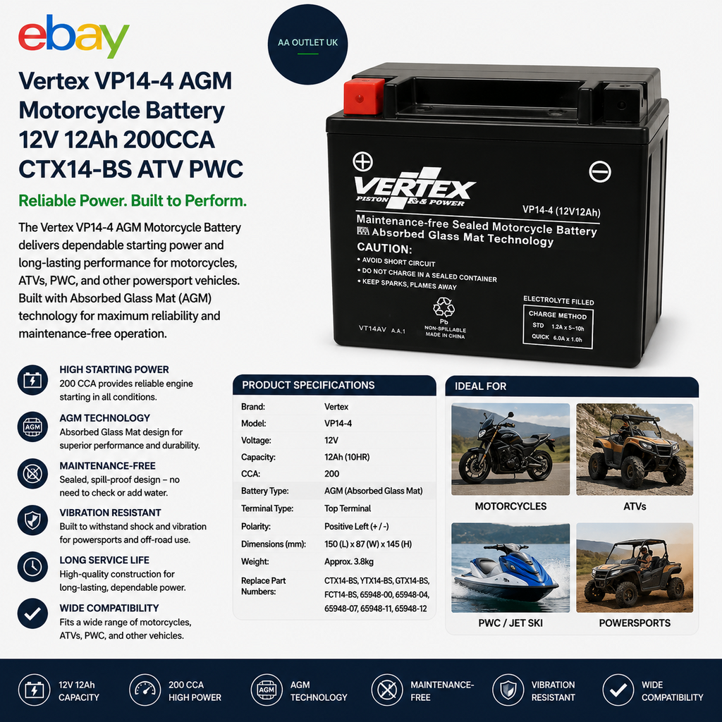 Vertex VP14 4 AGM Motorcycle Battery 12V 12Ah 200CCA CTX14 BS ATV PWC Durable
