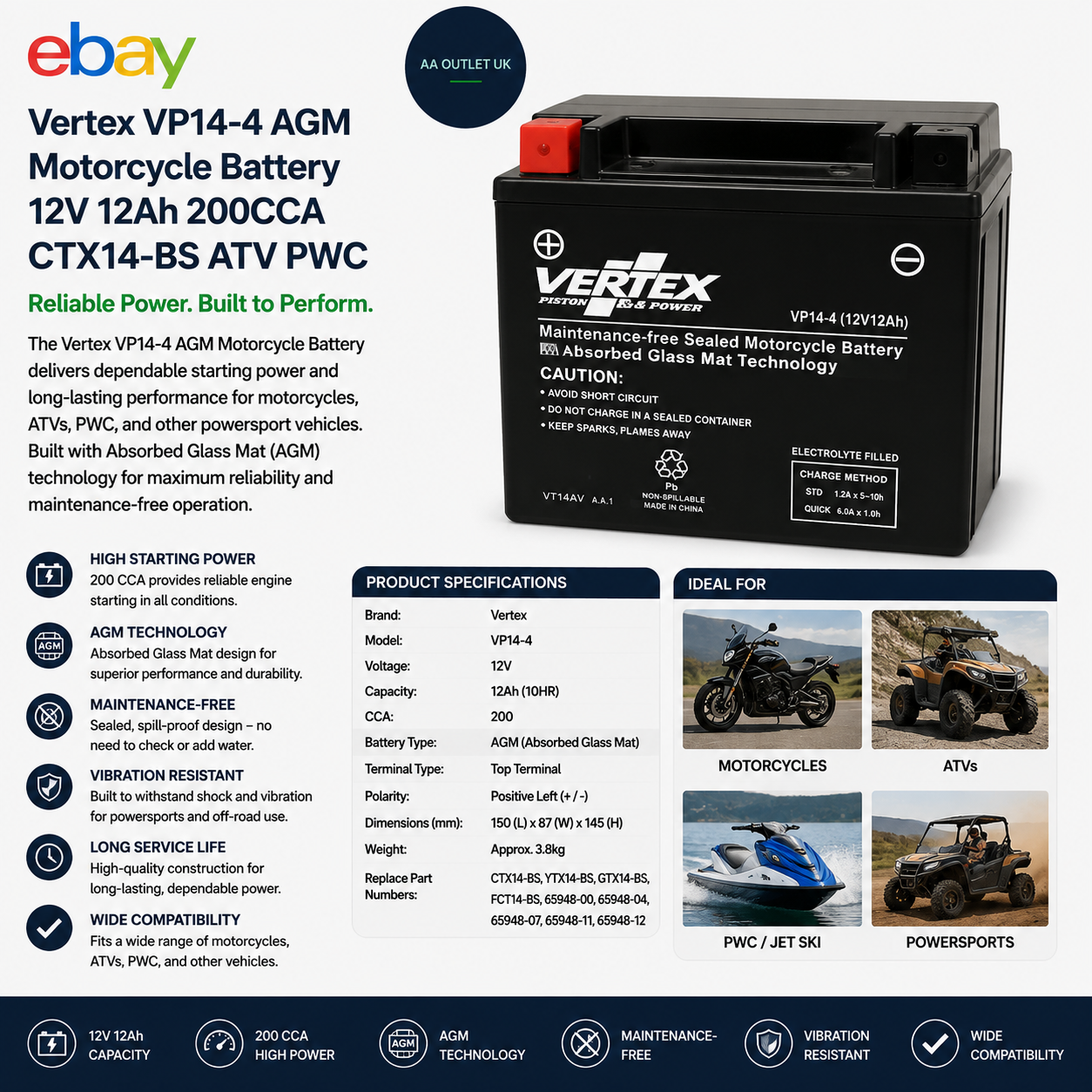 Vertex VP14 4 AGM Motorcycle Battery 12V 12Ah 200CCA CTX14 BS ATV PWC Durable