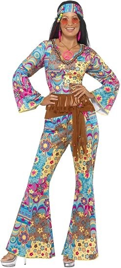 Smiffys Hippy Flower Power Costume Multi Coloured Top Trousers Headband New