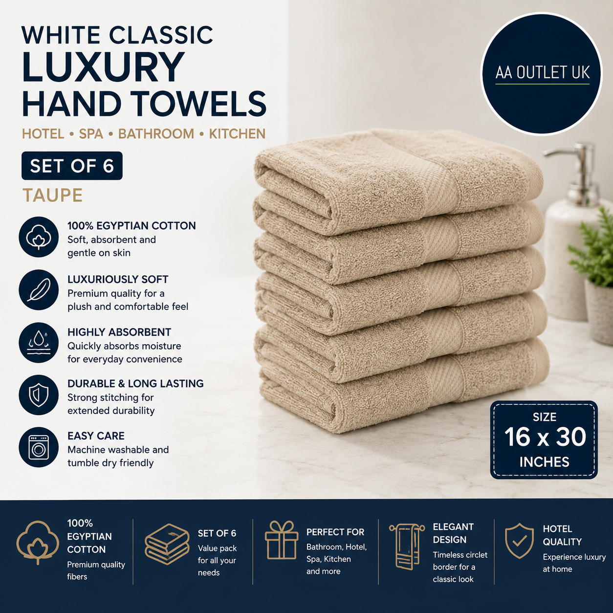 White Classic Luxury Hand Towels Bathroom Hotel Spa Kitchen Set 16x30in