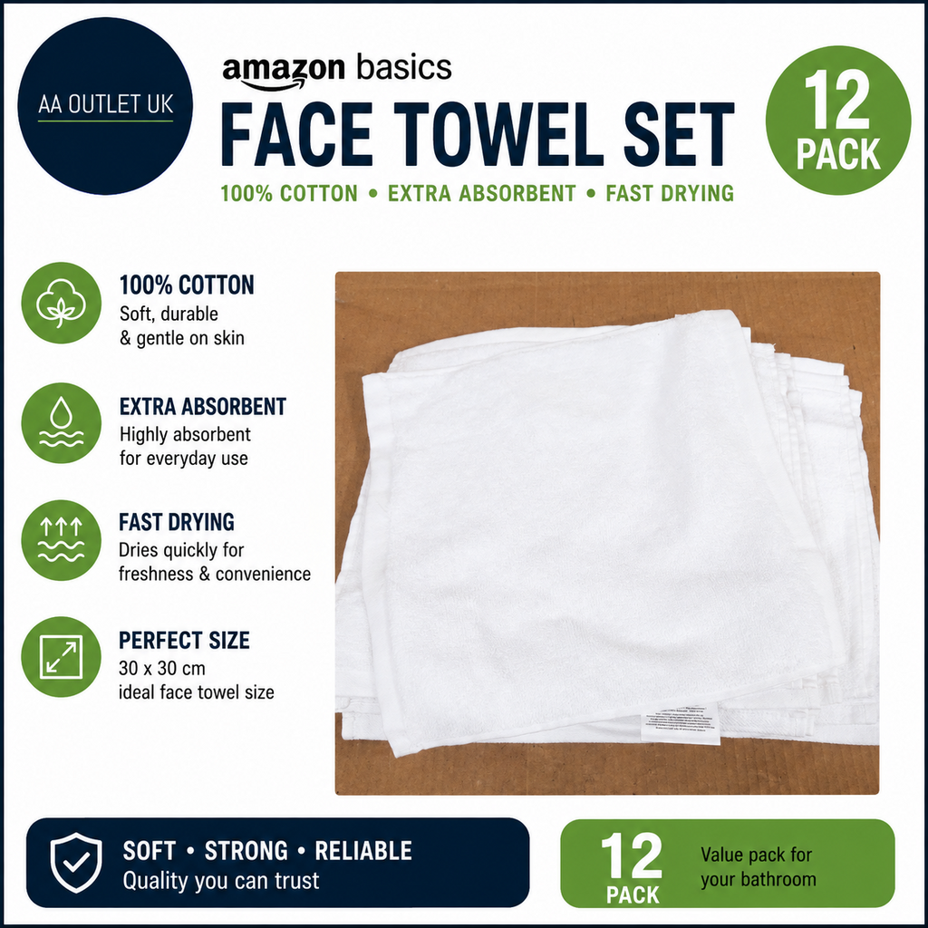 Amazon Basics Face Towel Set Bathroom 100% Cotton Extra Absorbent 30x30cm 12pc