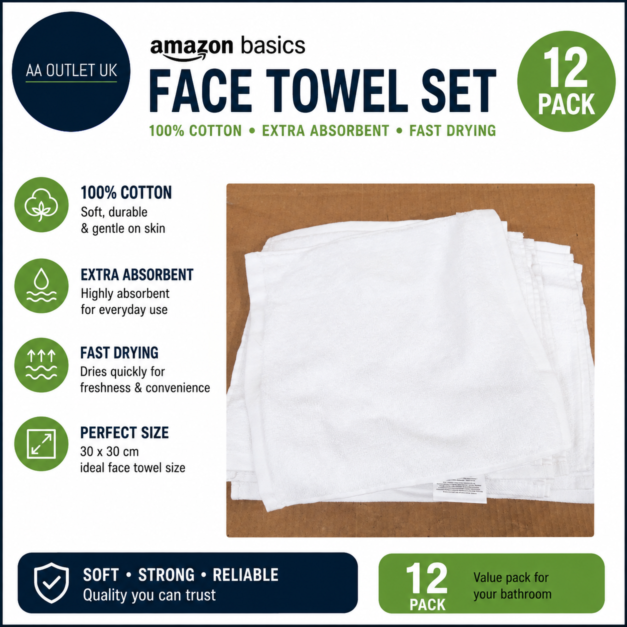 Amazon Basics Face Towel Set Bathroom 100% Cotton Extra Absorbent 30x30cm 12pc