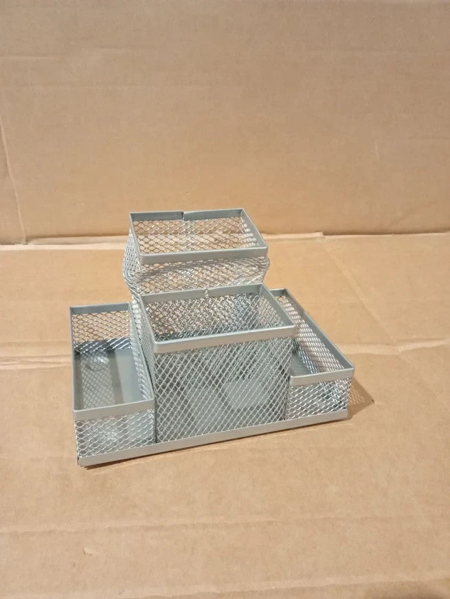D.RECT Mesh Desk Organiser Pen Holder Office Storage Tray Silver Metal Design