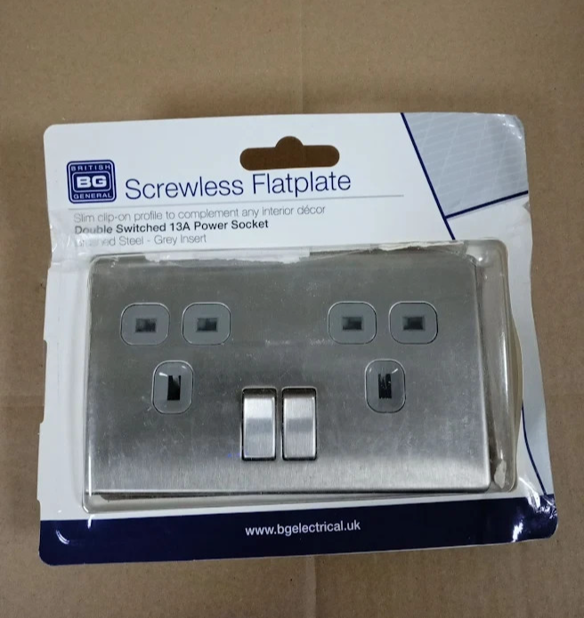 BG FBS22G Double Switched 13A Plug Socket Flatplate Screwless Brushed Steel