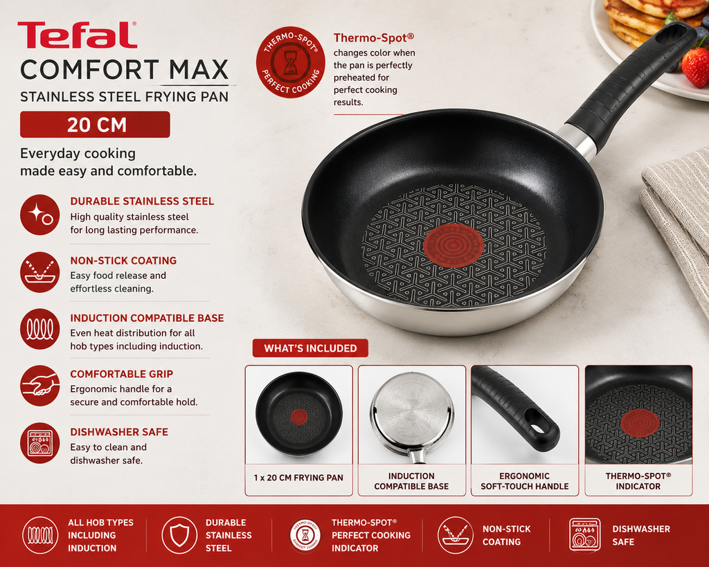 Tefal Comfort Max Stainless Steel Frying Pan 20cm Thermo Spot G7260244