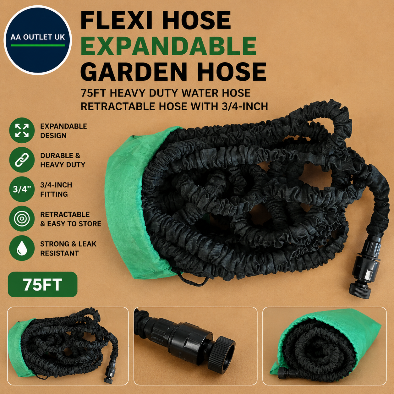 Flexi Hose Expandable Garden 75ft Heavy Duty Retractable Expandable Design