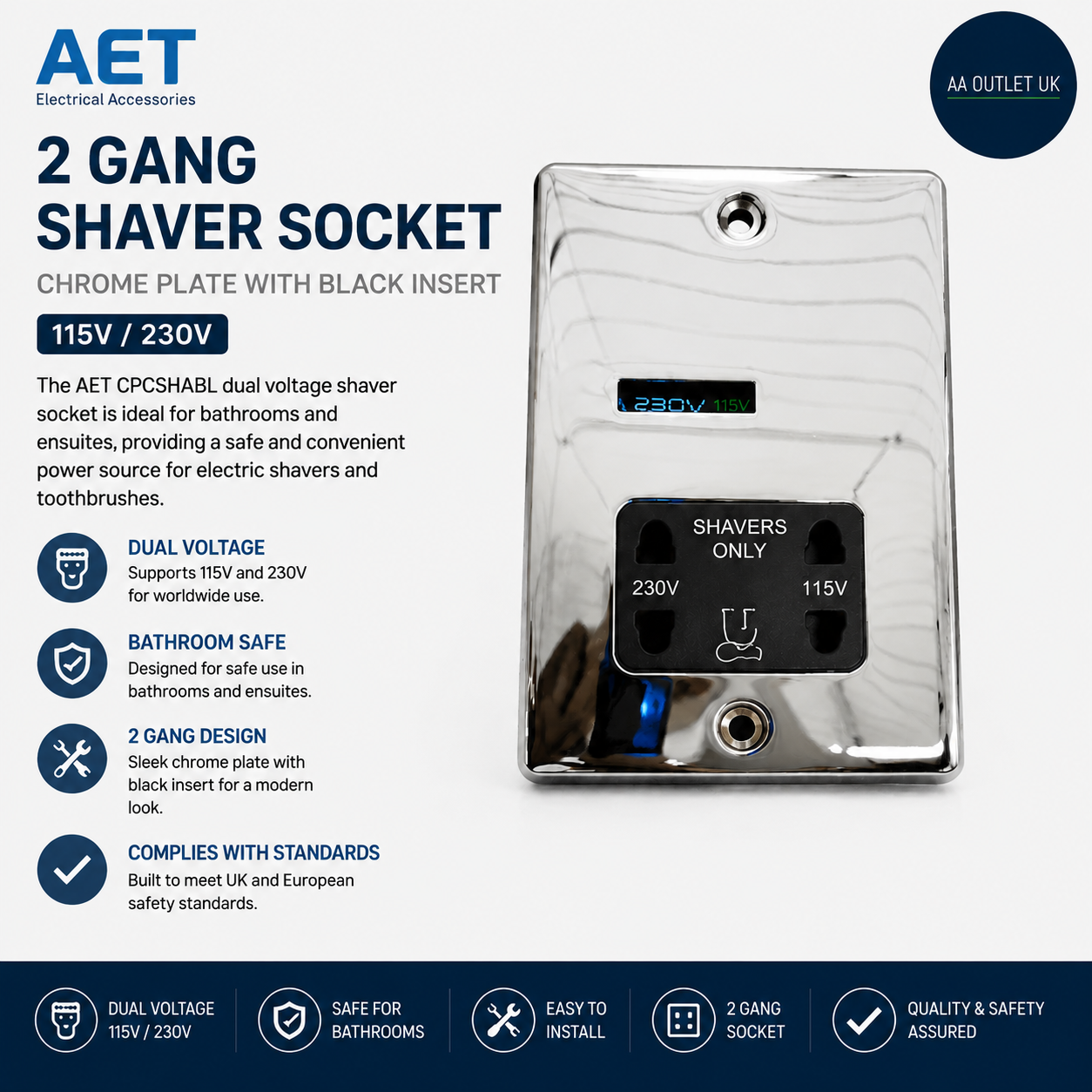 AET CPCSHABL Shaver Socket 2 Gang Chrome Black Insert 115 230V Bathroom Design