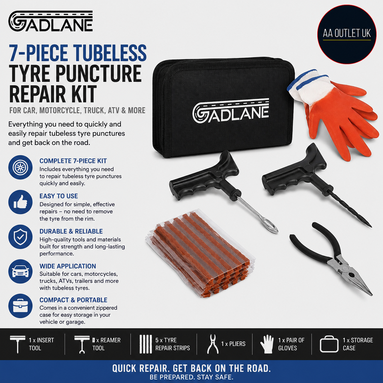 GADLANE 7 Pieces Tubeless Tyre Puncture Repair Kit Car Motorcycle Truck ATV