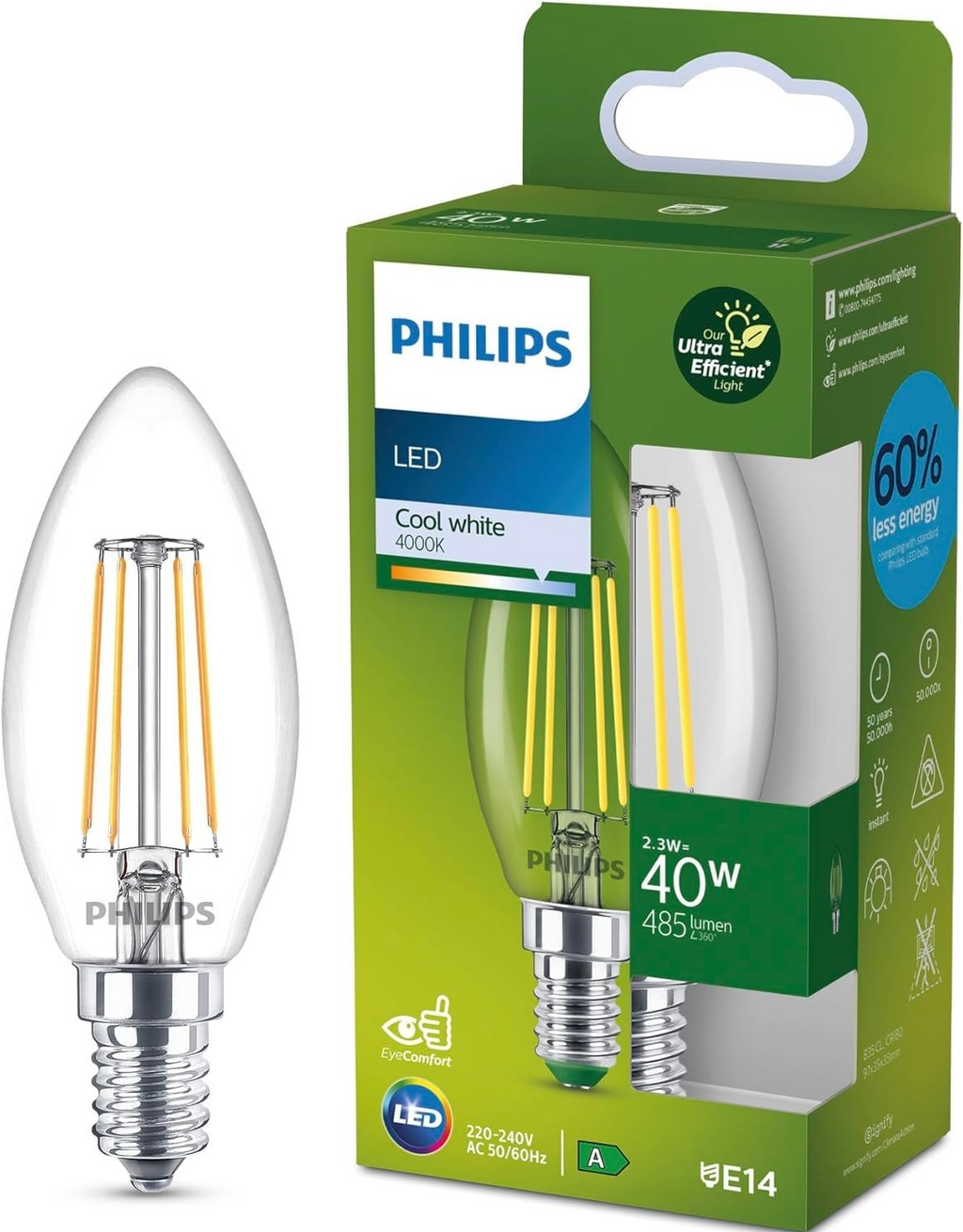 Philips Classic Ultra Efficient LED Bulb Energy Efficiency Class A E14 Base New