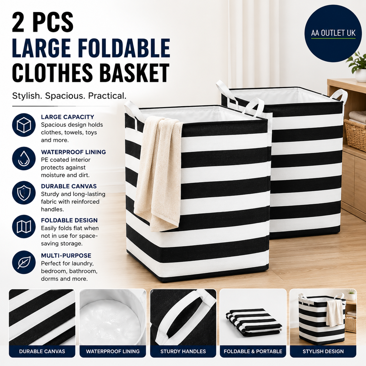 2 Pieces Large Foldable Clothes Laundry Baskets Waterproof Canvas 168x16x16cm