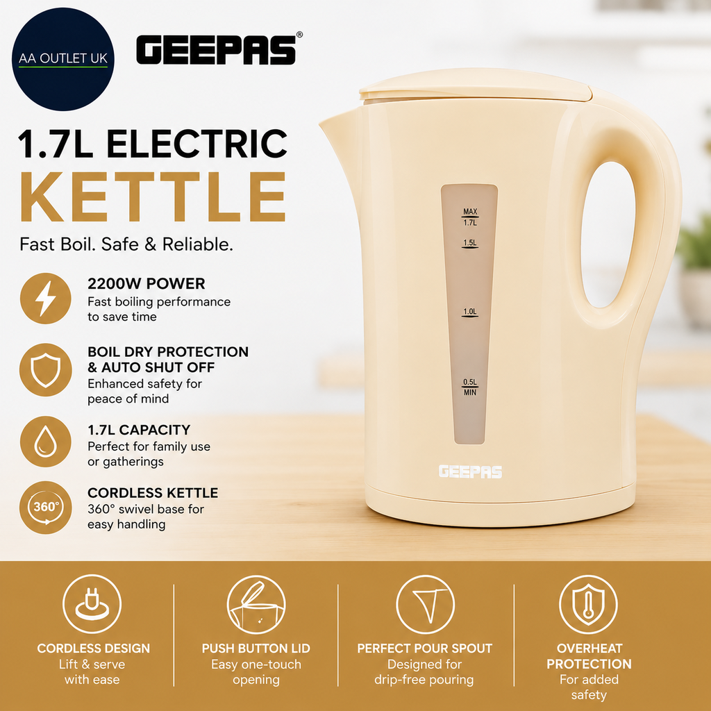 GEEPAS 1.7L Electric Kettle Cordless Boil Dry & Auto Shut Off 2200W Biege