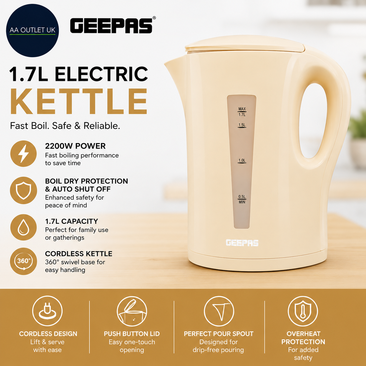 GEEPAS 1.7L Electric Kettle Cordless Boil Dry & Auto Shut Off 2200W Biege