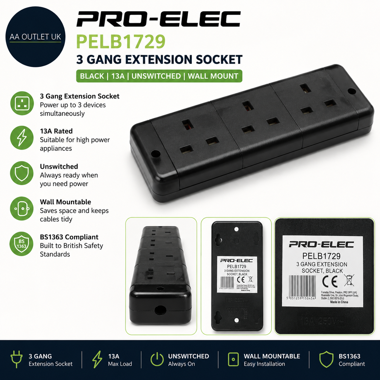 PRO-ELEC PELB1729 3 Gang Extension Socket Black 13A Unswitched Wall Mount BS1363
