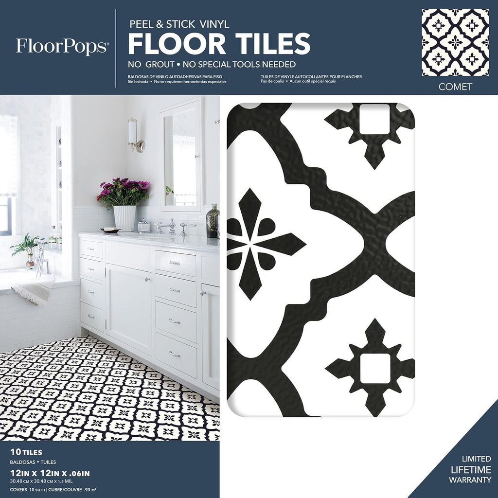 WallPops FP2480 Comet Peel & Stick Floor Tiles Blacks Set 10 Pieces 12x12in New