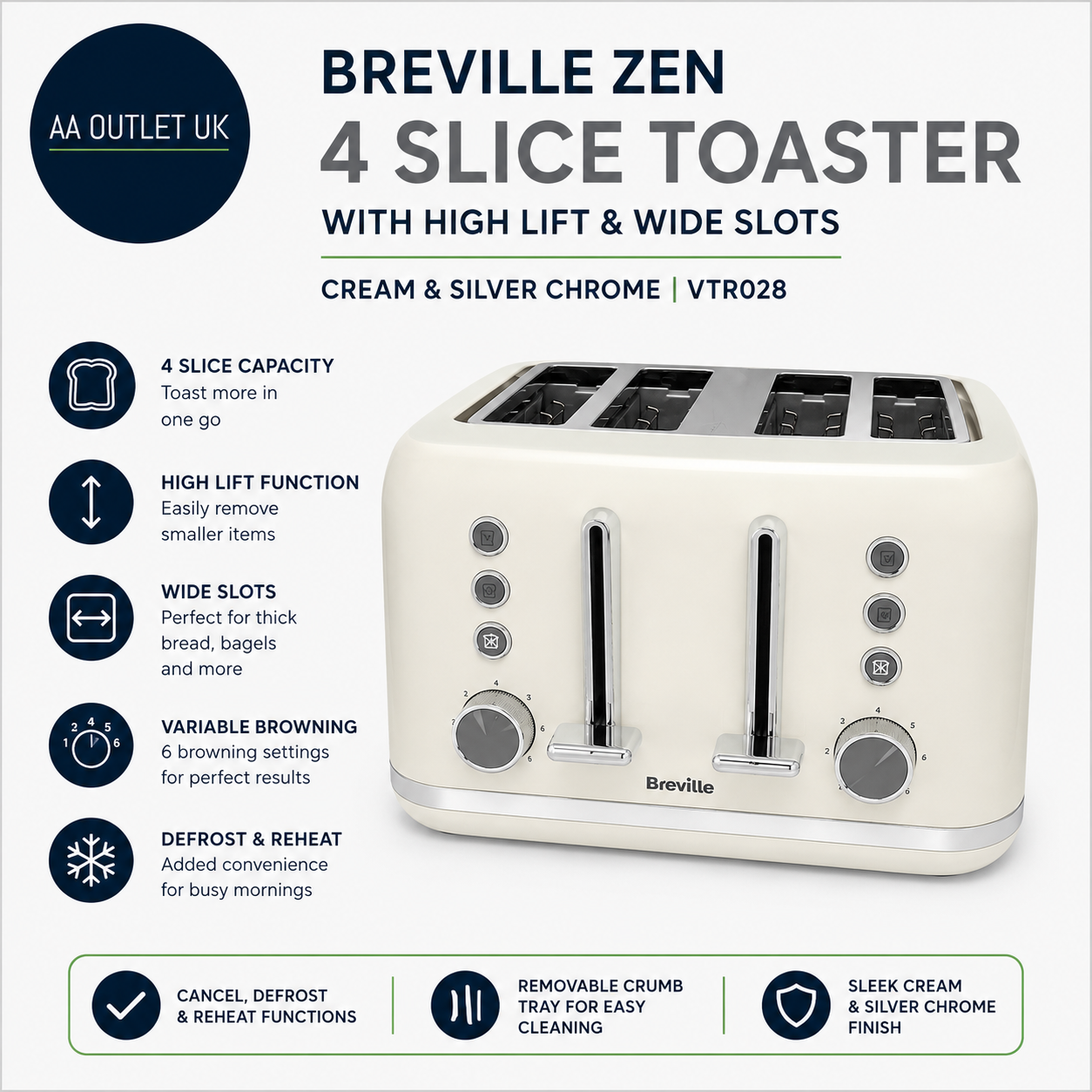 Breville Zen 4 Slice Toaster With High Lift Wide Slots Cream Silver Chrome