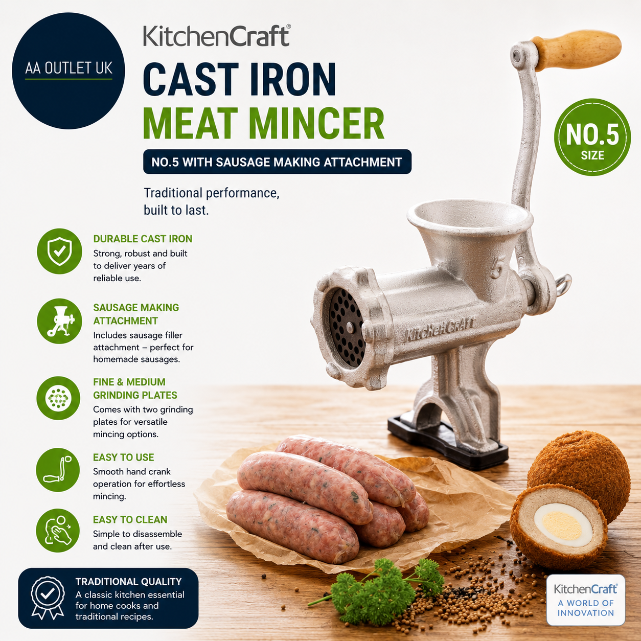Kitchen Craft Cast Iron Meat Mincer No.5 with Sausage Making Attachment