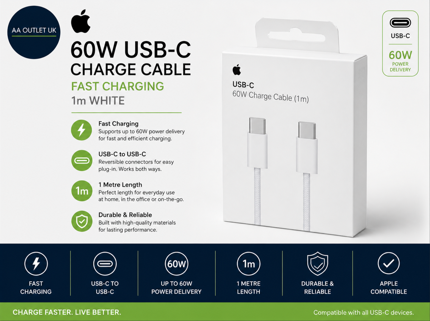 Apple 60W USB C Charge Cable Fast Charging 1m White