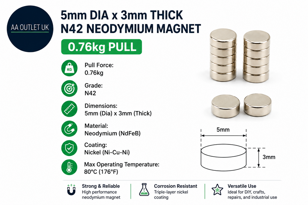 5mm Diameter x3mm Thick N42 Neodymium Silver Redondo Magnet 0.76kg Pull New
