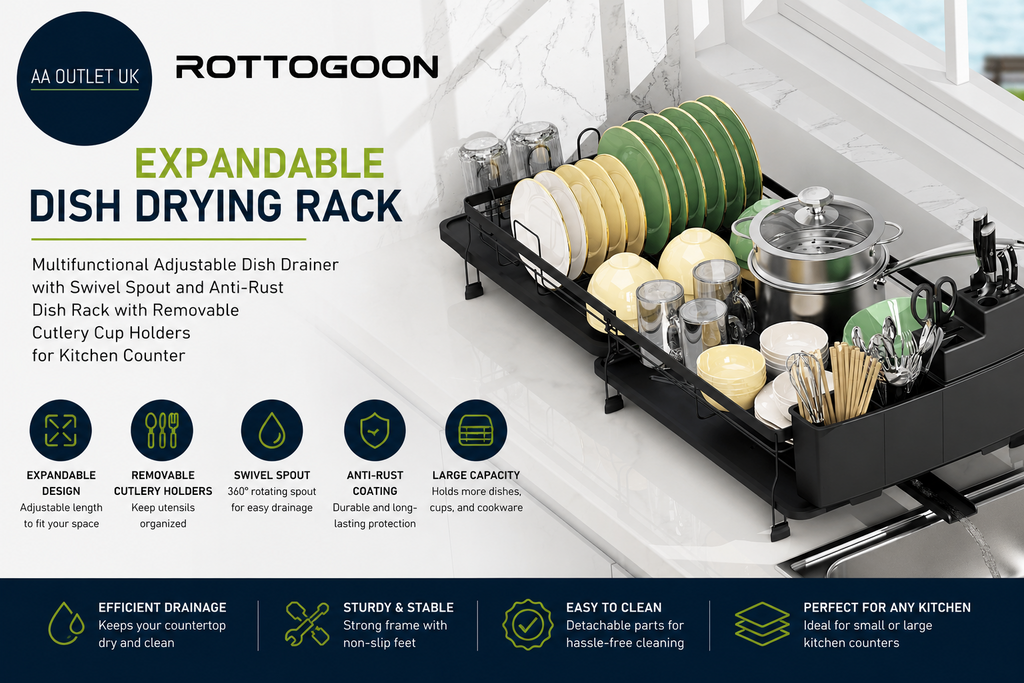 Rottogoon Expandable Dish Drying Rack Multifunctional Adjustable Drainer Black