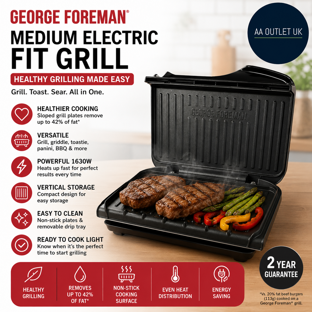 George Foreman Medium Electric Fit Grill Nonstick Healthy Griddle 1630W