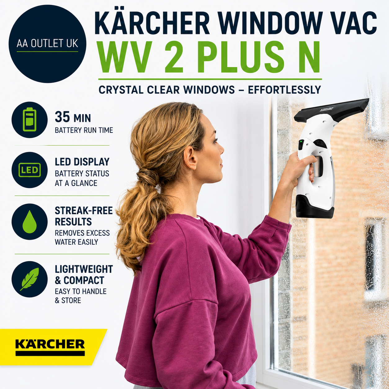 Karcher Window Vac WV 2 Plus N Battery Running Time 35min LED Display