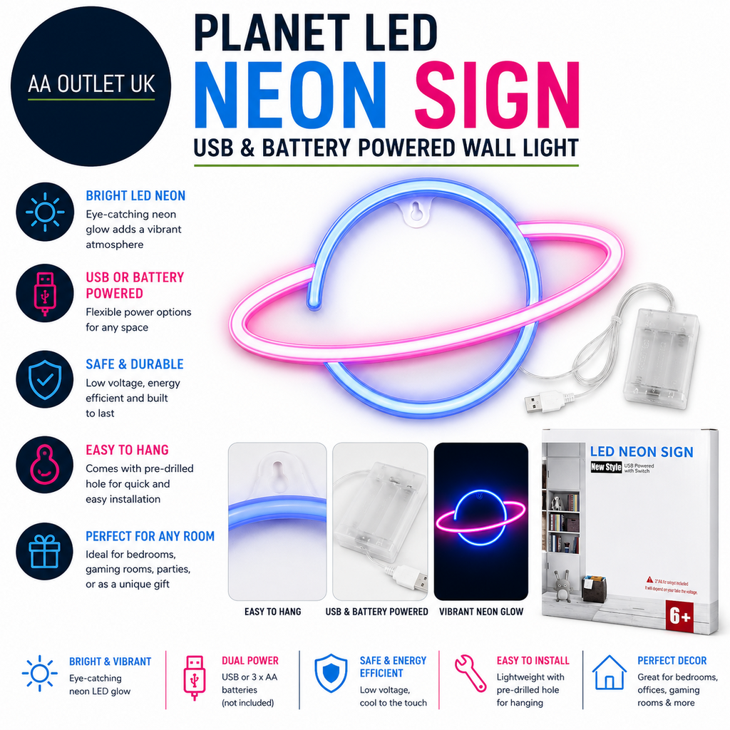Planet LED Neon Sign USB Battery Powered Wall Light Blue Pink Bedroom Decor