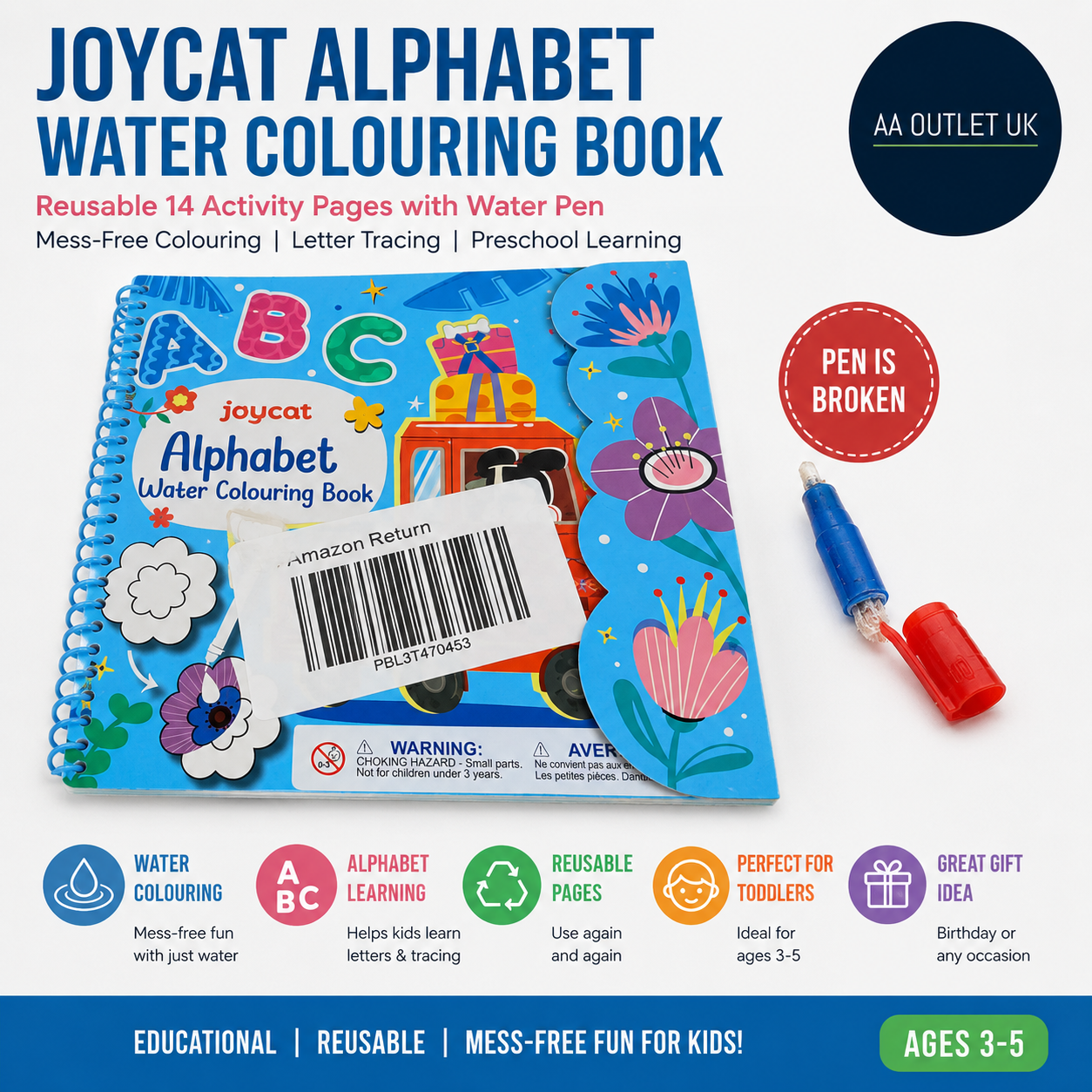 JoyCat Alphabet Water Colouring Book Toddlers Reusable 14 Activity Pages