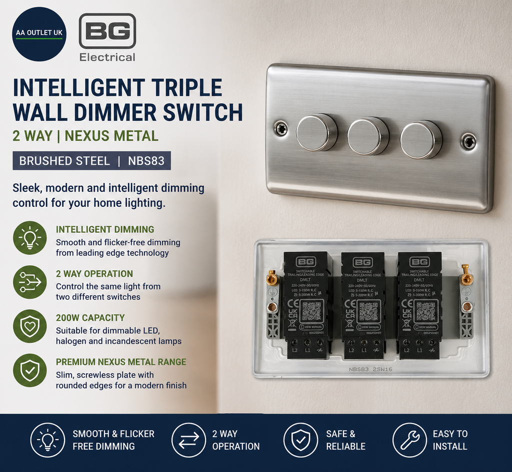 BG Electrical Intelligent Triple Wall Dimmer Switch 2 Way Raised Profile Round